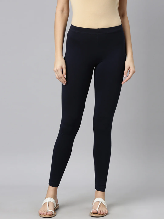 Women's Solid Black Cotton Ankle-Length Leggings